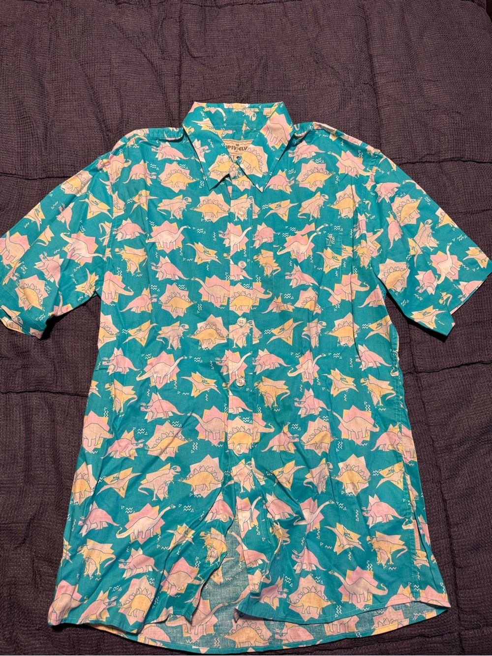 Tipsy Elves Teal Short-Sleeve Dinosaur Print Button-Down Shirt